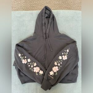 Hollister Charcoal Cropped Hoodie with Pink Floral Design